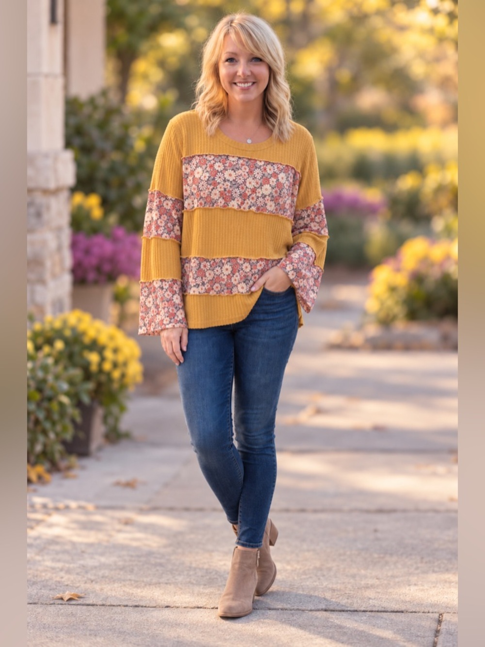 Boutique Oversized Floral Patchwork Waffle Knit Mustard Yellow Top by Heimish